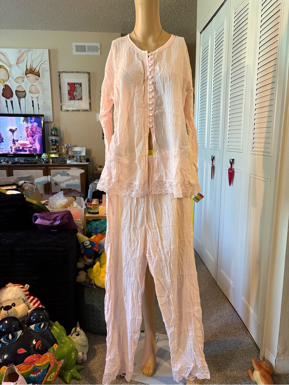 NOS Victoria’s Secret Country Quality Cotton Pajama Set M Pink Cotton Guaze 2 Pc